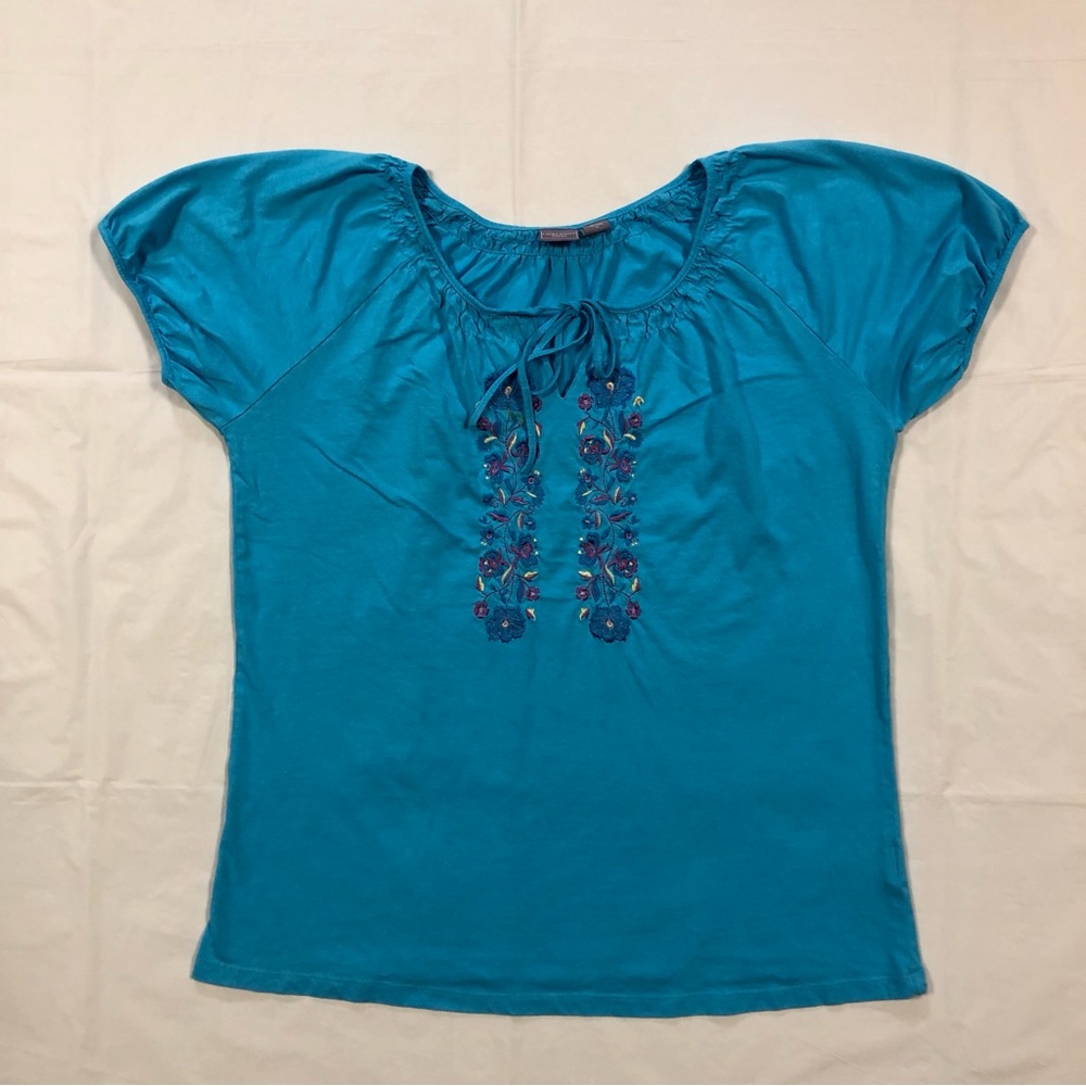 Laura Scott Womens Short Sleeve Pullover 100% Cotton Blue Peasant Top 1X